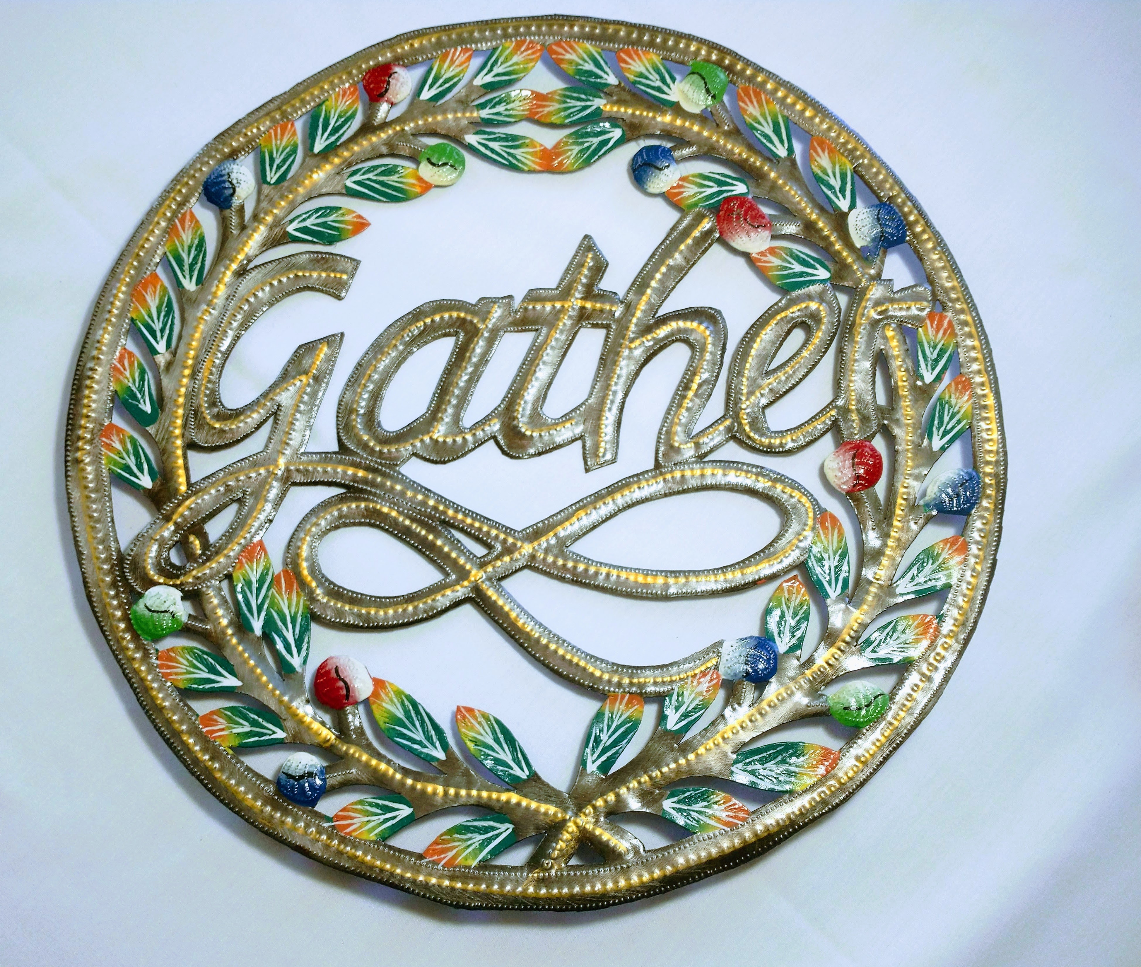 Green and gold Metal Wreath- Gather